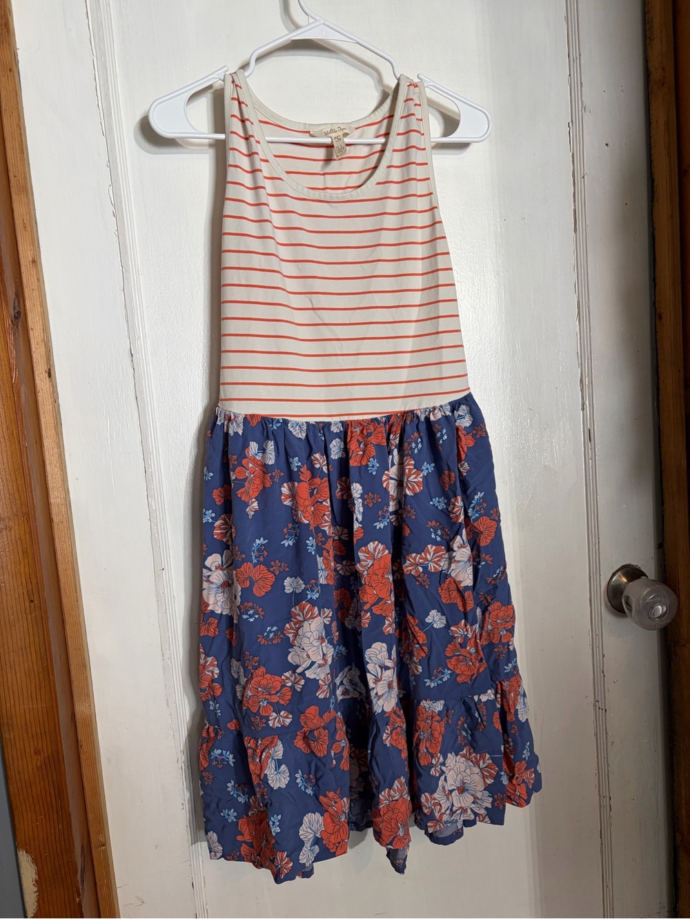 Matilda Jane Cream & Coral Striped Top with Blue Floral Tiered Skirt Dress